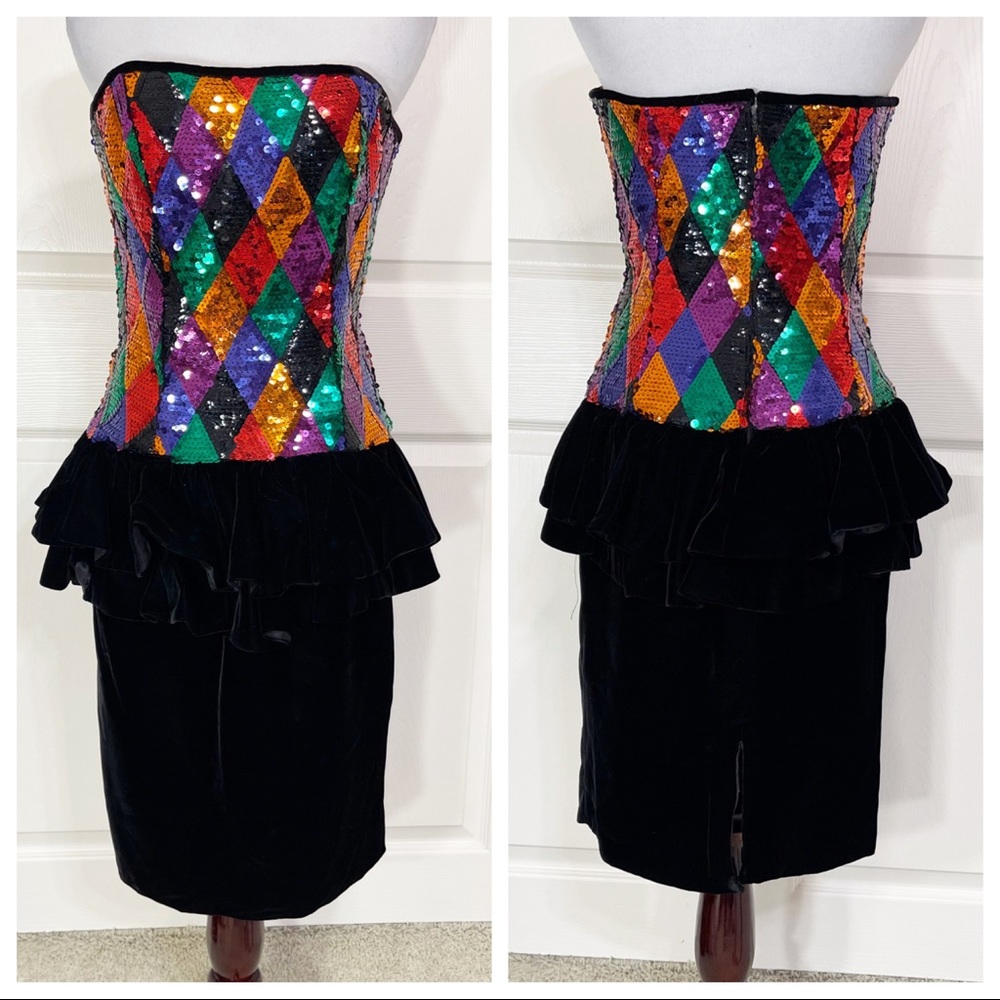 Vintage Julie Duroche for after five sequin velvet peplum dress 80s glam prom